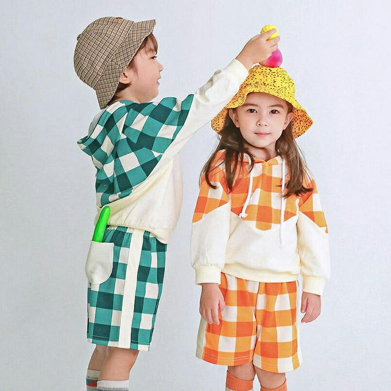 チェックフーディ&パンツSET・p007647 キッズ【3~8才】【set】【セットアップ setup トップス パーカー フード フーディー 半ズボン ハーフパンツ チェック柄 ギンガムチェック 女の子 男の子 春 秋 韓国 韓国子供服 子供 子供服 こども服】【KIDS】