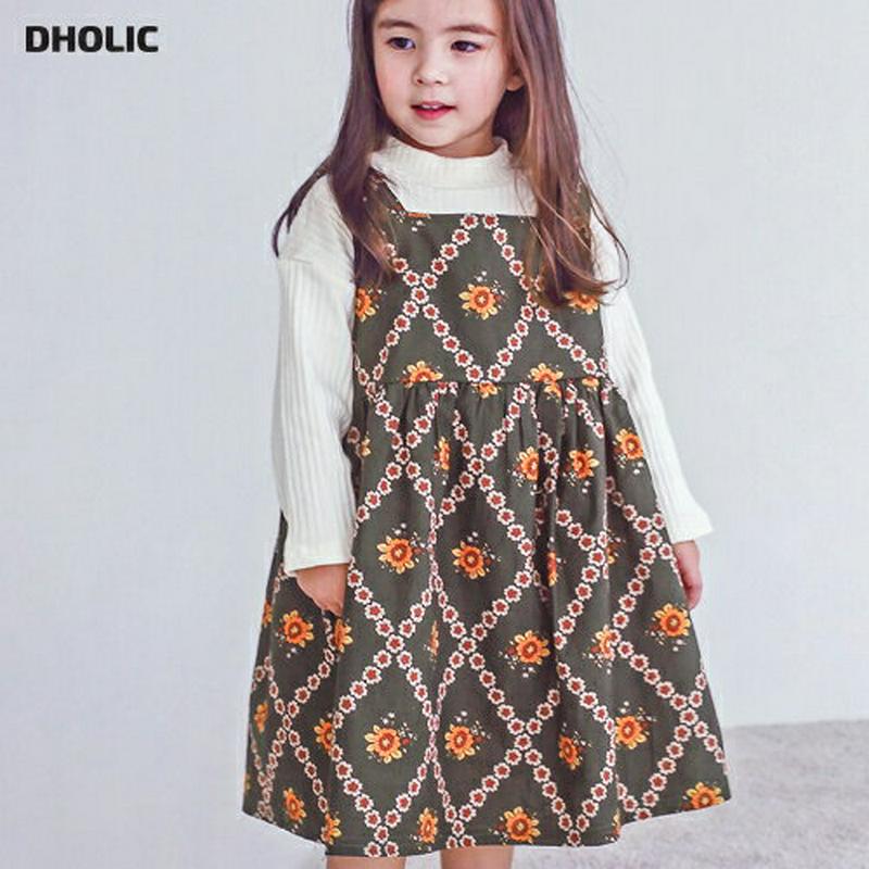 Tシャツ付スクエアフラワーワンピース・p007628 キッズ【3~8才】【set】【ワンピース ロング ロングワンピース スリーブレス ノースリーブ 花柄 モダン Tシャツ 長袖 セット かわいい 女の子 春 秋 韓国 韓国子供服 子供 子供服 こども服】【KIDS】