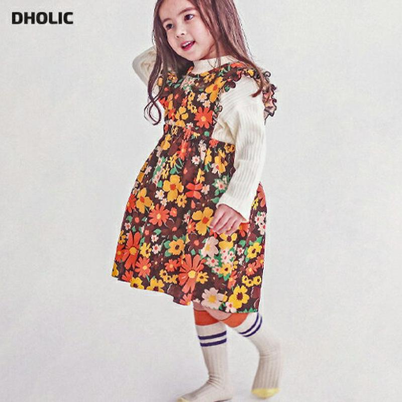 Tシャツ付フリルフローラルワンピース・p007630 キッズ【3~8才】【set】【ワンピース ミディ丈 ミディワンピース スリーブレス ノースリーブ フリル Tシャツ 長袖 かわいい 女の子 春 秋 韓国 韓国子供服 子供 こども 子供服 こども服】【KIDS】