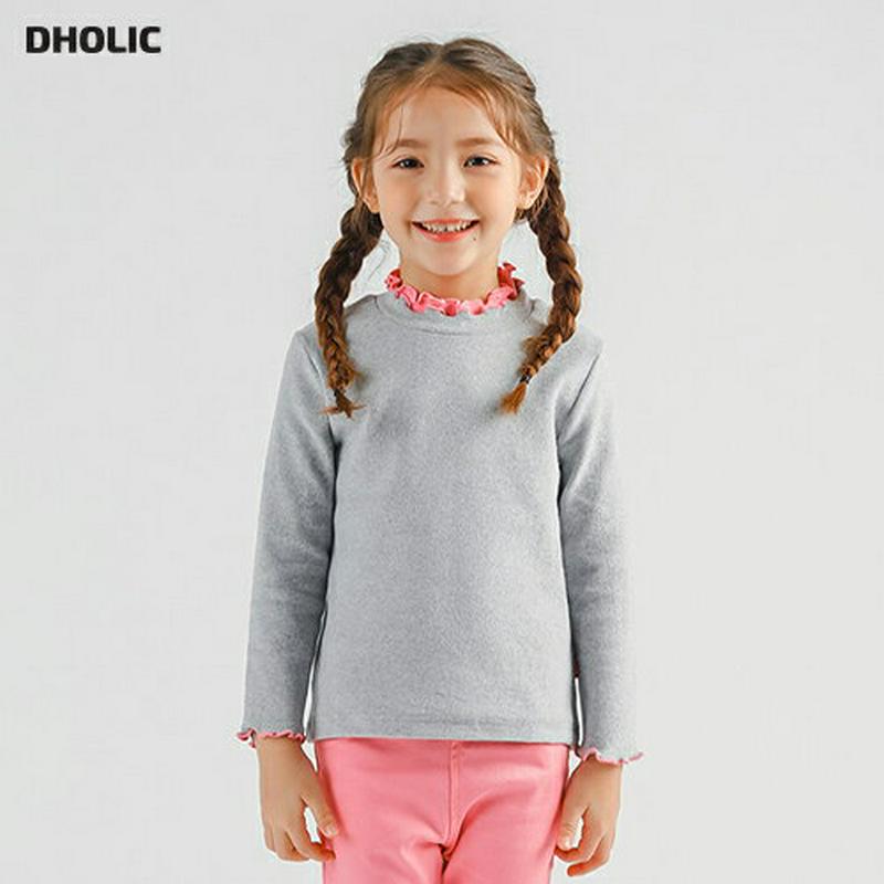 ウェーブ配色ネックTシャツ p007715 キッズ 【3~8才】【tops】【韓国 ファッション トップス Tシャツ カットソー 長袖 無地 女の子 メロウヘム モックネック　ハーフネック キッズ 子供 子供用 幼稚園 通学 通園 小学生 春 秋 冬】【KIDS】