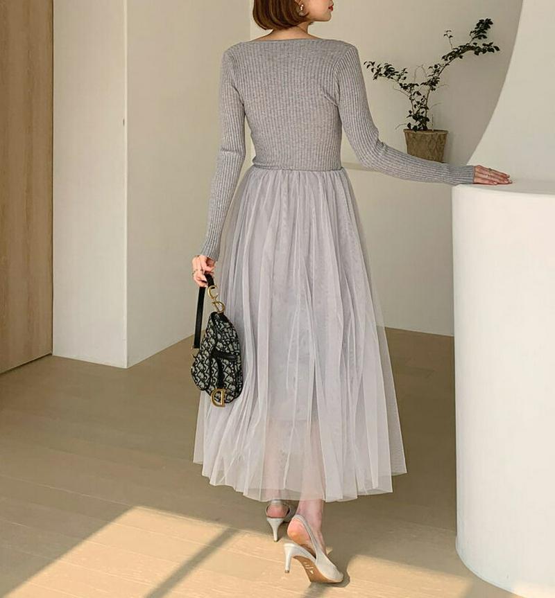 ≪人気商品再入荷≫ニットチュールワンピース・全3色・t61498 レディース【ops】 韓国ファッション ワンピース ロングワンピース 長袖 Vネック リブ 鎖骨 デコルテ ニット コンビ フレア チュールワンピース シンプル かわいい 春 秋 冬