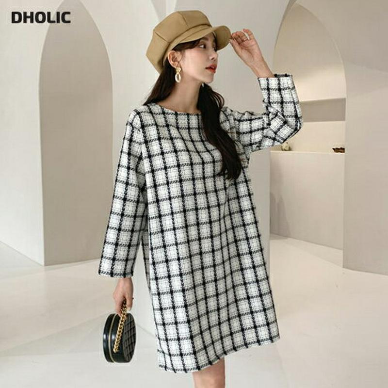 チェックワンピース・全2色・b61459 レディース【ops】【韓国 ファッション ワンピース ミディ丈 ミディワンピース ロングスリーブ 長袖 ラウンドネック チェック柄 Hライン 大人 フェミニン 上品 秋 冬】