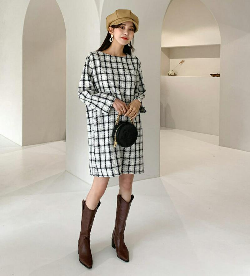チェックワンピース・全2色・b61459 レディース【ops】【韓国 ファッション ワンピース ミディ丈 ミディワンピース ロングスリーブ 長袖 ラウンドネック チェック柄 Hライン 大人 フェミニン 上品 秋 冬】