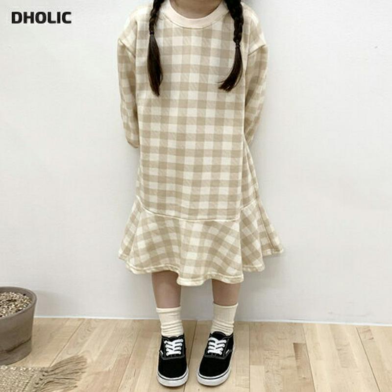 チェックフレアワンピース・u07107 キッズ【3~8才】【ops】【ワンピース ミディ丈 ミディワンピース 長袖 チェック柄 