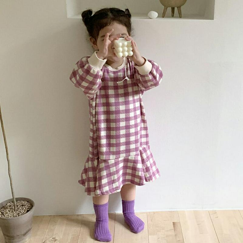 チェックフレアワンピース・u07107 キッズ【3~8才】【ops】【ワンピース ミディ丈 ミディワンピース 長袖 チェック柄 