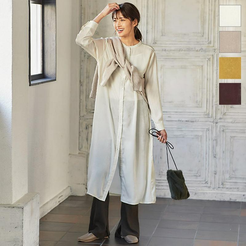 特別セール★サテンロングシャツワンピース [E2579] レディース ロング 長袖 レイヤー 重ね着 大人 上品 ゆったり 白 黒 秋冬 ワンピース 秋 冬 ロングワンピース シャツワンピース バンドカラー サテン おしゃれ きれいめ グレージュ