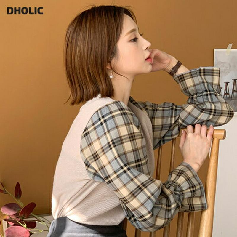 【只今10%OFF】チェックスリーブTシャツ・全2色・t60892 レディース【tops】【韓国 ファッション トップス Tシャツ ロングスリーブ 長袖 ラウンドネック チェック柄 コントラスト 配色 シンプル レイヤード調 レイヤード風 カジュアル かわいい ガーリー 秋 冬】