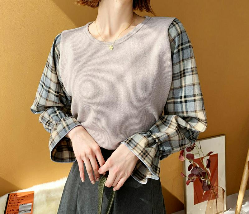 【只今10%OFF】チェックスリーブTシャツ・全2色・t60892 レディース【tops】【韓国 ファッション トップス Tシャツ ロングスリーブ 長袖 ラウンドネック チェック柄 コントラスト 配色 シンプル レイヤード調 レイヤード風 カジュアル かわいい ガーリー 秋 冬】