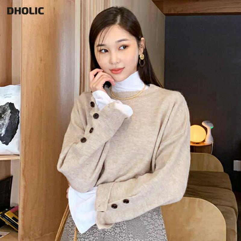 スリーブボタンニット・全3色・b56107 レディース【tops】【韓国 ファッション トップス ニット ニットトップス ロングスリーブ 長袖 ラウンドネック ボタン シンプル カジュアル ルーズ ゆったり 単色 無地 大人 秋 冬】