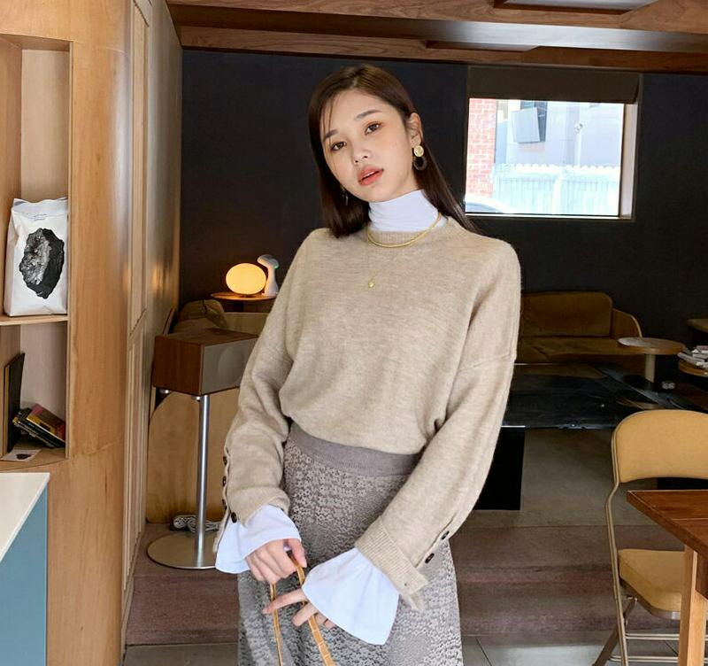 スリーブボタンニット・全3色・b56107 レディース【tops】【韓国 ファッション トップス ニット ニットトップス ロングスリーブ 長袖 ラウンドネック ボタン シンプル カジュアル ルーズ ゆったり 単色 無地 大人 秋 冬】