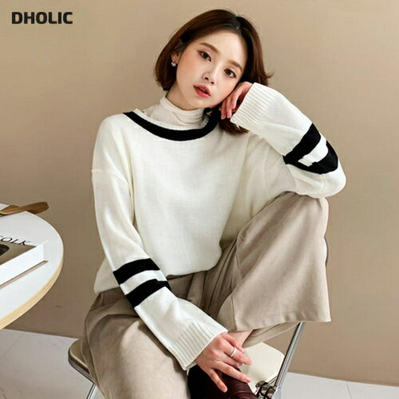 【只今10%OFF】配色ラウンドニット・全5色・t56060 レディース【tops】【韓国 ファッション トップス ニット ニットトップス ロングスリーブ 長袖 ドロップショルダー ラウンドネック 配色 ライン シンプル カジュアル ラフ 秋 冬】