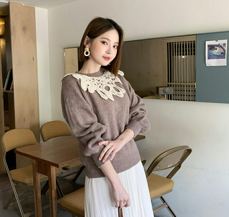 【新作10%OFF 】レースネックニット・全2色・b56063 レディース【tops】【韓国 ファッション トップス ニット ニ