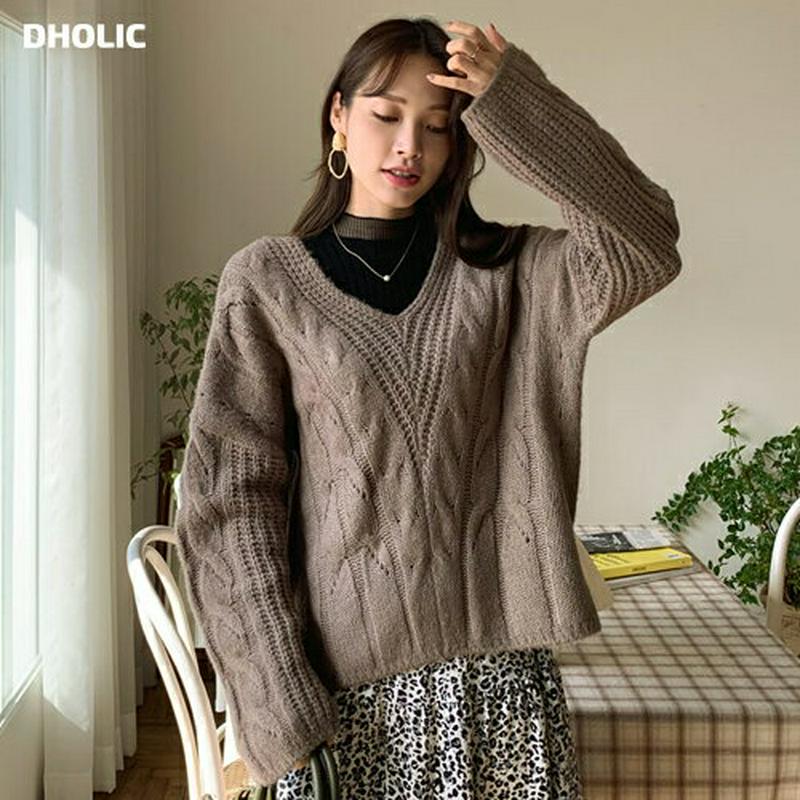 【新作10%OFF 】Vネックウェーブニット・全3色・t64705 レディース【tops】【韓国 ファッション トップス ニット