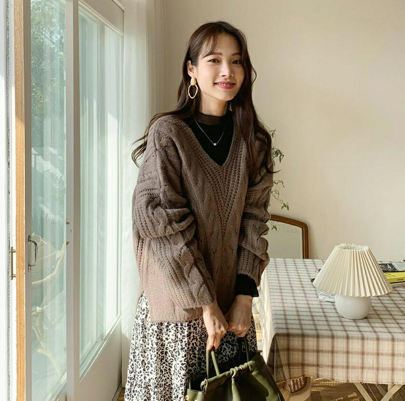 【新作10%OFF 】Vネックウェーブニット・全3色・t64705 レディース【tops】【韓国 ファッション トップス ニット