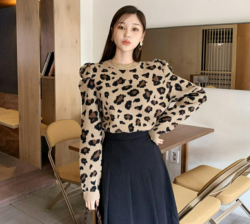 【新作10%OFF 】レオパードパフニット・全2色・b56061 レディース【tops】【韓国 ファッション トップス ニット 