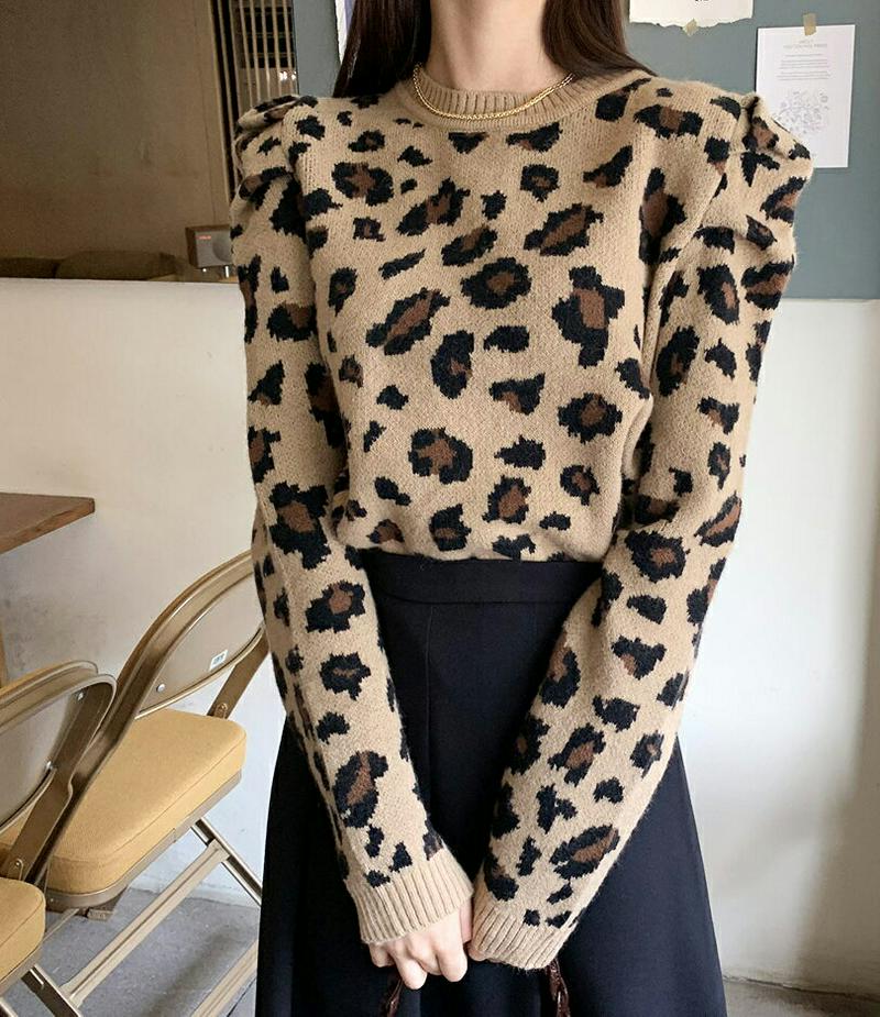 【新作10%OFF 】レオパードパフニット・全2色・b56061 レディース【tops】【韓国 ファッション トップス ニット 