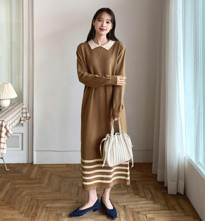 【新作10%OFF 】コントラストニットワンピース・全3色・b64716 レディース【ops】【韓国 ファッション ワンピース 