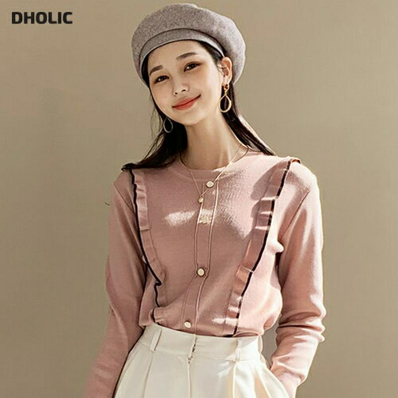 【新作10%OFF 】フリル配色ボタンニット・全3色・b56091 レディース【tops】【韓国 ファッション トップス ニット