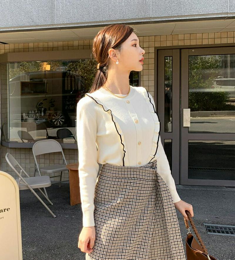 【新作10%OFF 】フリル配色ボタンニット・全3色・b56091 レディース【tops】【韓国 ファッション トップス ニット