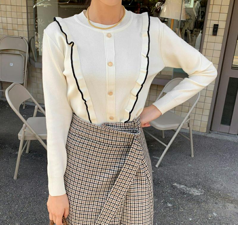 【新作10%OFF 】フリル配色ボタンニット・全3色・b56091 レディース【tops】【韓国 ファッション トップス ニット
