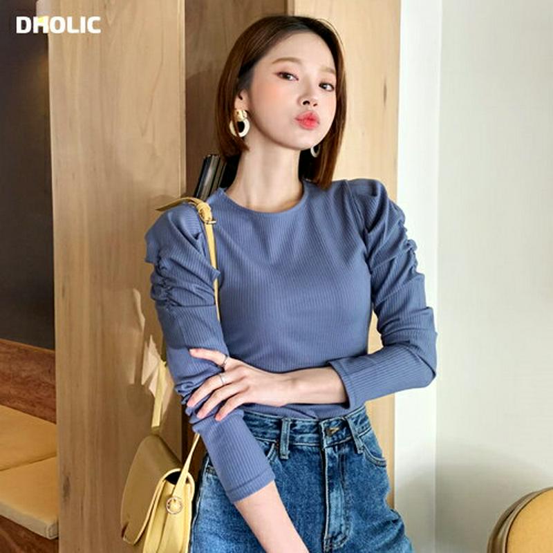 【新作10%OFF 】リブパフスリーブTシャツ・全4色・t56089 レディース【tops】【韓国 ファッション トップス Tシ
