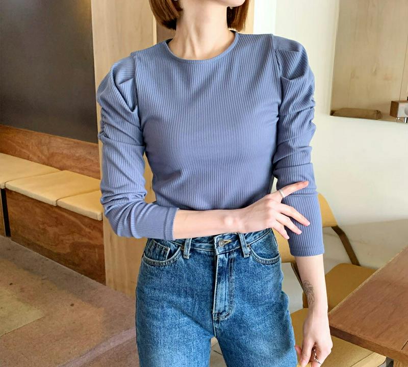 【新作10%OFF 】リブパフスリーブTシャツ・全4色・t56089 レディース【tops】【韓国 ファッション トップス Tシ
