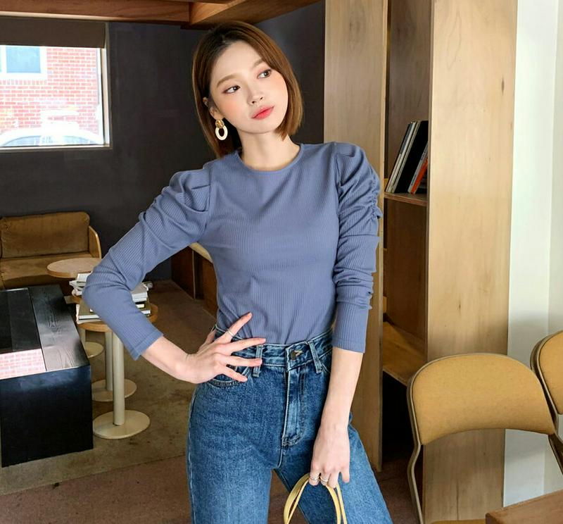 【新作10%OFF 】リブパフスリーブTシャツ・全4色・t56089 レディース【tops】【韓国 ファッション トップス Tシ