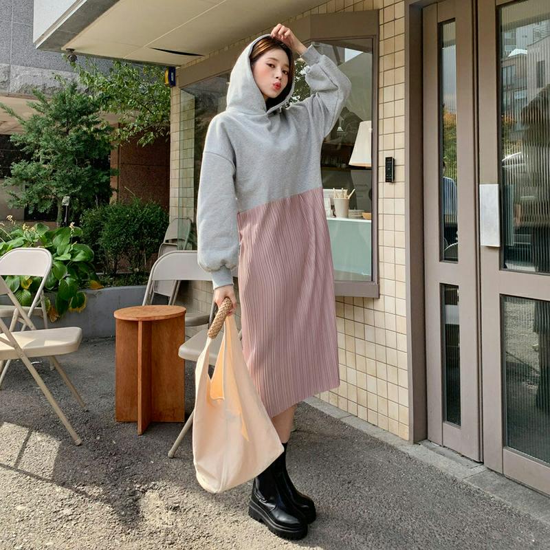 裏起毛フードプリーツワンピース・全3色・b56095 レディース【ops】【韓国 ファッション ワンピース ロングワンピース 長袖 フード フード付き コンビワンピース プリーツ 裏起毛 シンプル カジュアル 体型カバー ゆったり スウェット 秋 冬】
