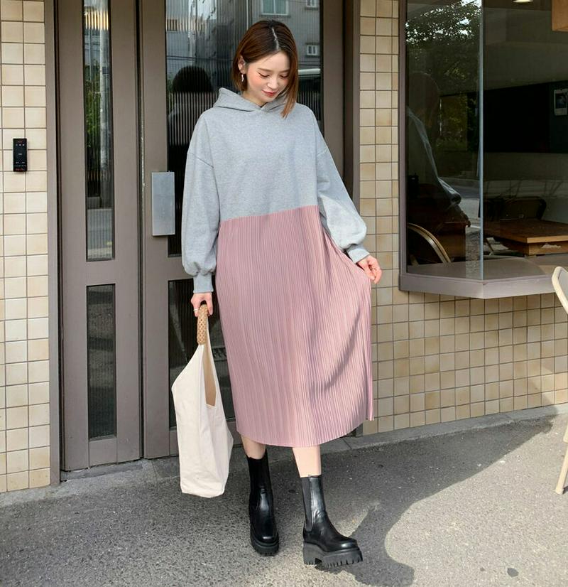 裏起毛フードプリーツワンピース・全3色・b56095 レディース【ops】【韓国 ファッション ワンピース ロングワンピース 長袖 フード フード付き コンビワンピース プリーツ 裏起毛 シンプル カジュアル 体型カバー ゆったり スウェット 秋 冬】