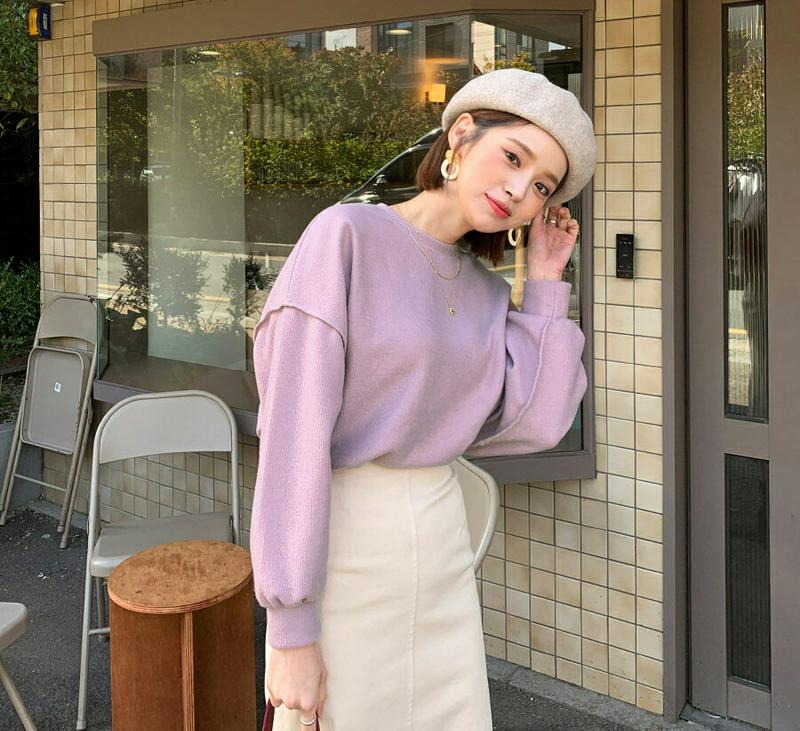 起毛ラウンドTシャツ・全6色・t56053 レディース【tops】【韓国 ファッション トップス Tシャツ ロングスリーブ 長袖 ドロップショルダー ラウンドネック 起毛 シンプル 単色 無地 カジュアル ベーシック スリット ラフ 秋 冬】