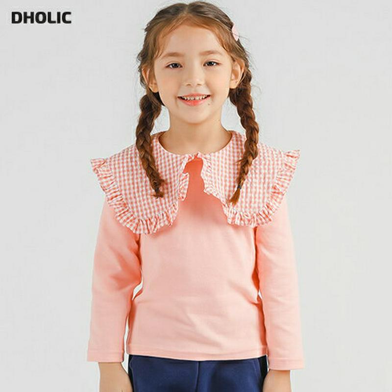 チェックカラーTシャツ・p007791 キッズ【3~8才】【tops】【トップス Tシャツ ロンT チェック柄 襟コンシャス ガーリー 長袖 可愛い かわいい 女の子 春 秋 韓国 韓国子供服 子供 こども 子供服 こども服】【KIDS】