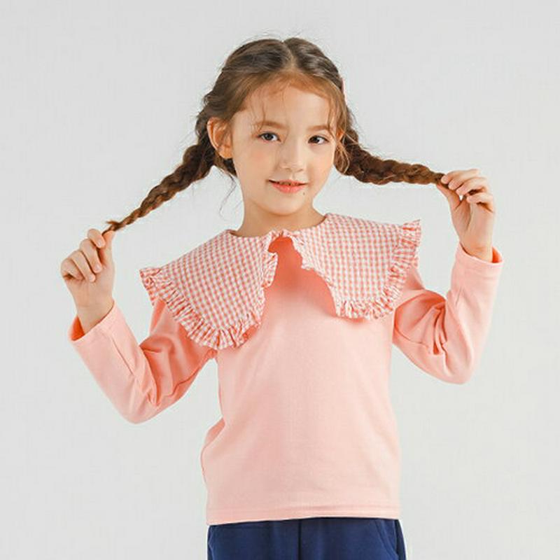 チェックカラーTシャツ・p007791 キッズ【3~8才】【tops】【トップス Tシャツ ロンT チェック柄 襟コンシャス ガーリー 長袖 可愛い かわいい 女の子 春 秋 韓国 韓国子供服 子供 こども 子供服 こども服】【KIDS】