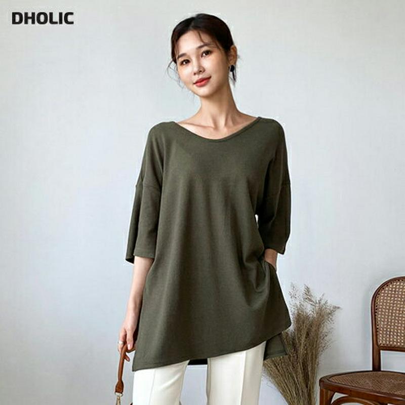 UネックルーズTシャツ・全4色・t64350 レディース【tops】【韓国 ファッション トップス Tシャツ Uネック 七分丈 