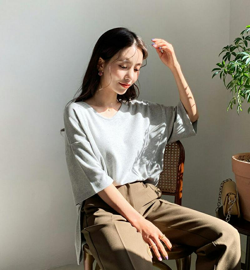 UネックルーズTシャツ・全4色・t64350 レディース【tops】【韓国 ファッション トップス Tシャツ Uネック 七分丈 