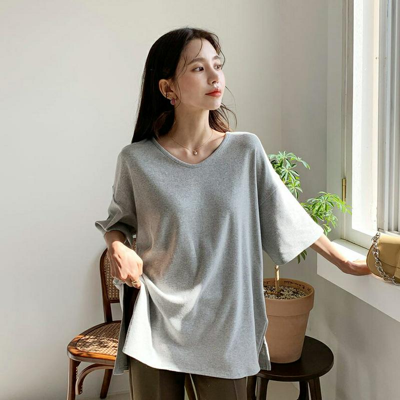 UネックルーズTシャツ・全4色・t64350 レディース【tops】【韓国 ファッション トップス Tシャツ Uネック 七分丈 