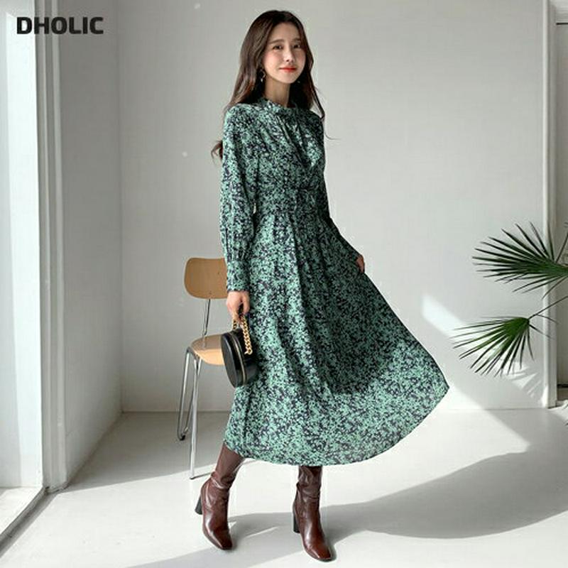 ストラップ付パターンワンピース・全2色・e64348 レディース【ops】【韓国 ファッション ワンピース ロングワンピース 長袖 ロングスリーブ ハーフネック ストラップ ユニーク パターン フェミニン 大人 上品 揺れ感 秋 冬】