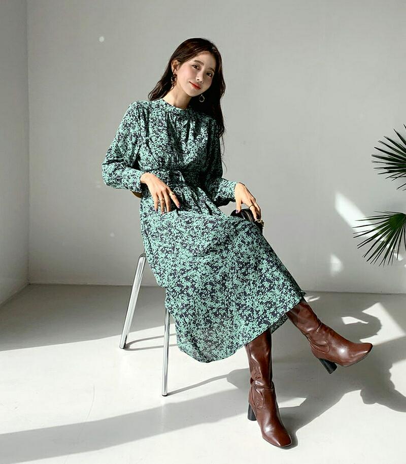 ストラップ付パターンワンピース・全2色・e64348 レディース【ops】【韓国 ファッション ワンピース ロングワンピース 長袖 ロングスリーブ ハーフネック ストラップ ユニーク パターン フェミニン 大人 上品 揺れ感 秋 冬】