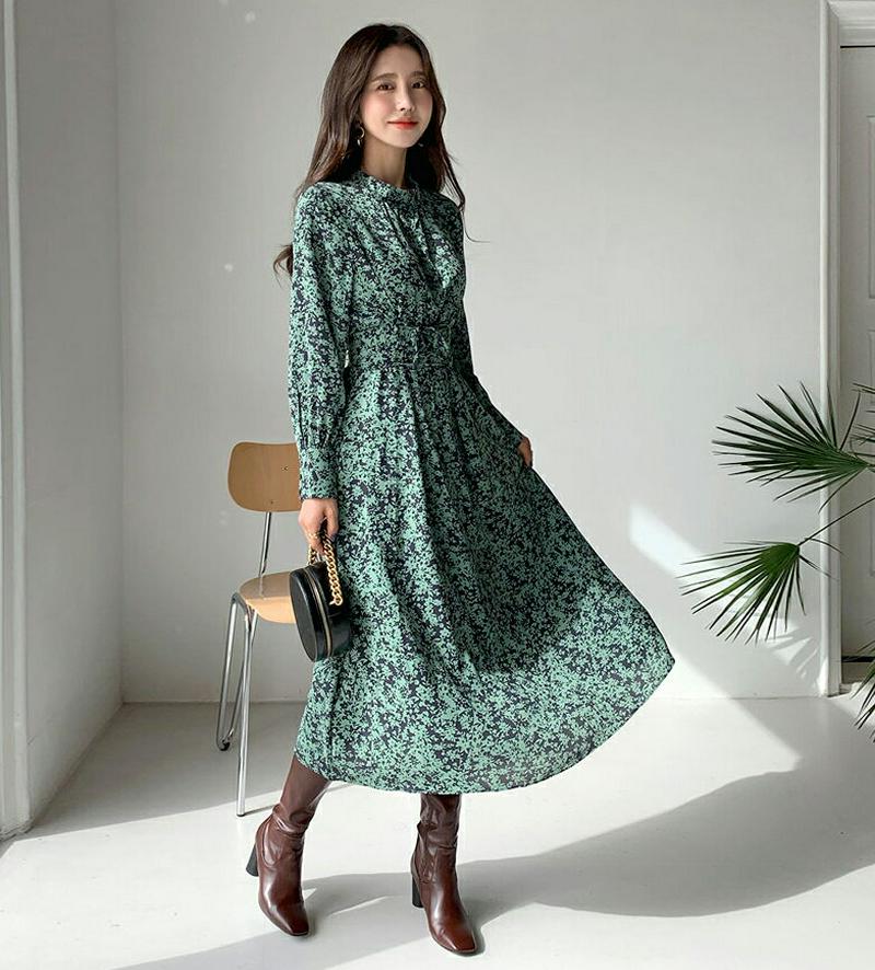 ストラップ付パターンワンピース・全2色・e64348 レディース【ops】【韓国 ファッション ワンピース ロングワンピース 長袖 ロングスリーブ ハーフネック ストラップ ユニーク パターン フェミニン 大人 上品 揺れ感 秋 冬】