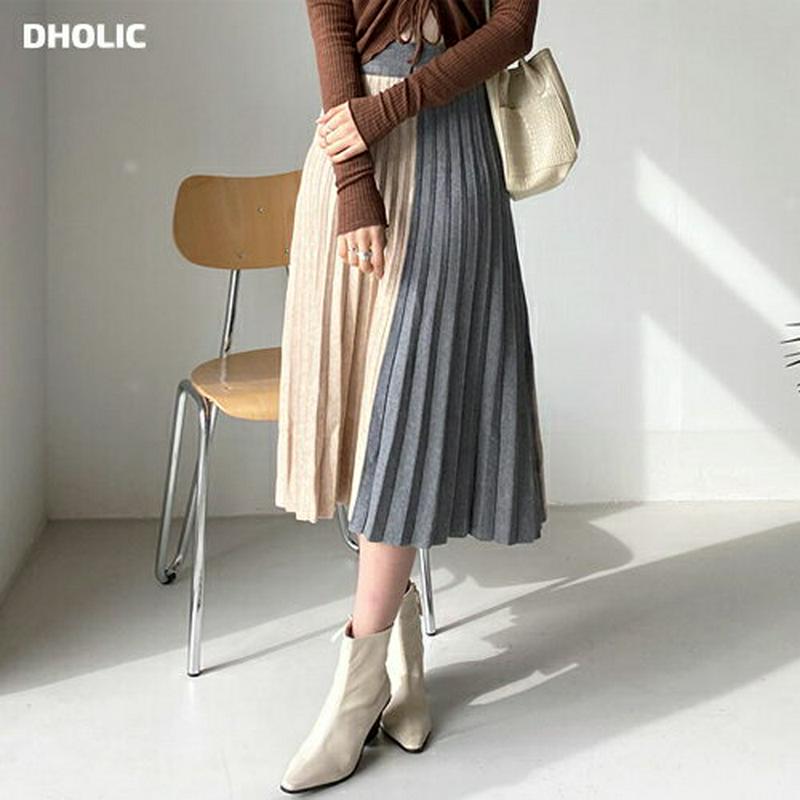 配色プリーツニットスカート・全2色・b64343 レディース【sk】【韓国 ファッション ボトムス スカート ロング丈 ロングス