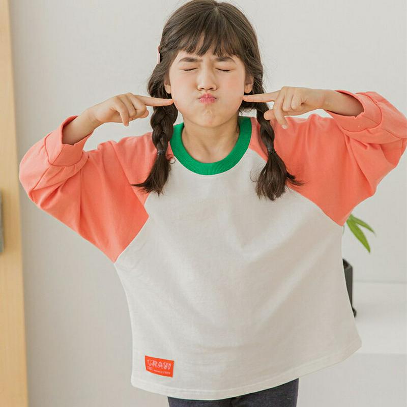 パッチ配色Tシャツ・p007307 キッズ 【3~8才】【tops】【韓国 ファッション トップス Tシャツ カットソー ラウンドネック 長袖 ラグランスリーブ 女の子 男の子 ユニセックス キッズ 子供 子供用 幼稚園 通学 通園 小学生 春 秋 冬】【KIDS】