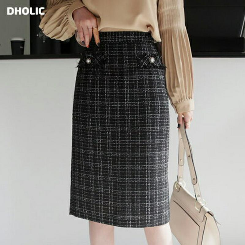 パールツイードスカート・全2色・b64681 レディース【sk】【韓国 ファッション ボトムス スカート ミディ丈 ミディスカート パール ボタン ツイード ツイードスカート 高級感 シンプル 上品 大人 フェミニン 秋 冬】【ハイホリHIHOLLI】