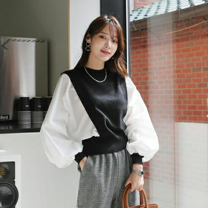 コントラストスリーブニット・全2色・t64670 レディース【tops】【韓国 ファッション トップス ニット ニットトップス 