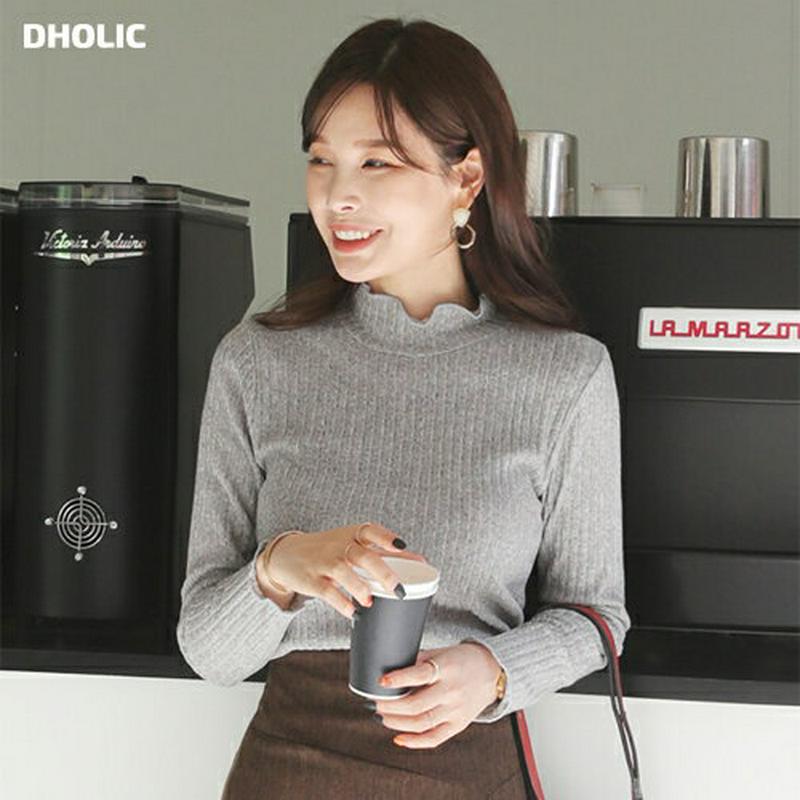 フリルネックリブTシャツ・全3色・t64664 レディース【tops】【韓国 ファッション トップス Tシャツ ロングスリーブ 長袖 フリル フリルネック リブ スリム ハイネック シンプル カジュアル ウェーブ 大人 秋 冬】【ハイホリHIHOLLI】