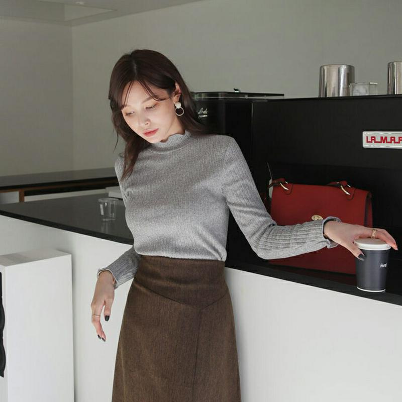 フリルネックリブTシャツ・全3色・t64664 レディース【tops】【韓国 ファッション トップス Tシャツ ロングスリーブ 長袖 フリル フリルネック リブ スリム ハイネック シンプル カジュアル ウェーブ 大人 秋 冬】【ハイホリHIHOLLI】