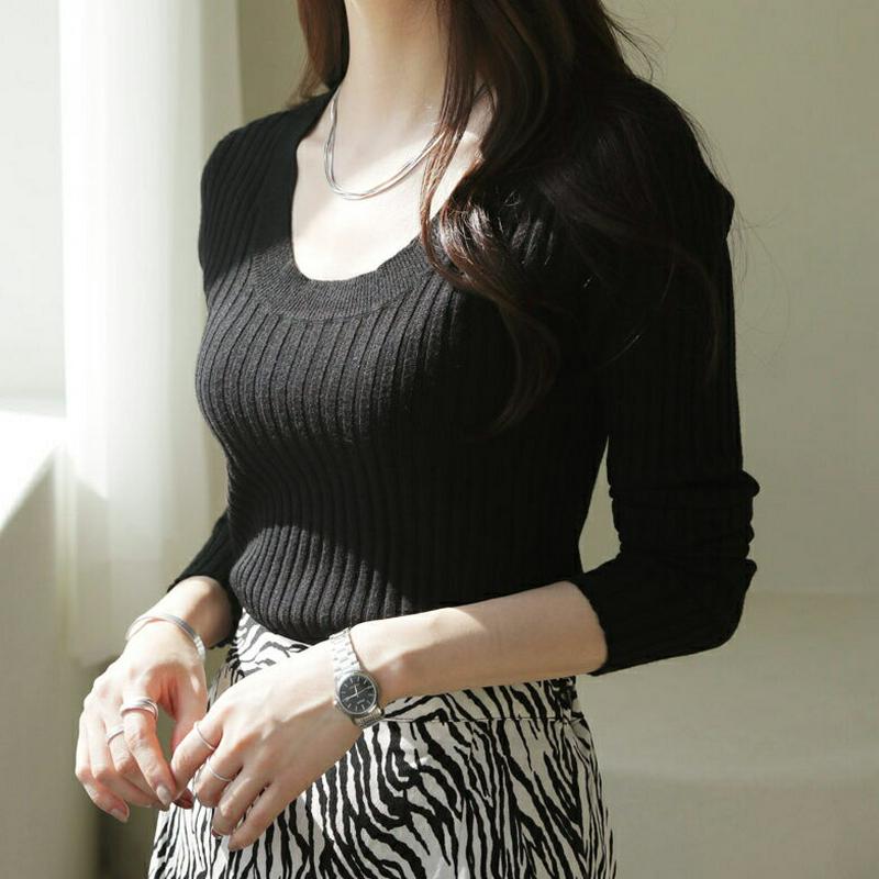 リブUネックニット・全4色・t64665 レディース【tops】 韓国ファッション トップス ニット ニットトップス 長袖 ロングスリーブ Uネック 鎖骨 デコルテ シンプル カジュアル リブ リブニット スリム 大人 秋 冬 HIHOLLI