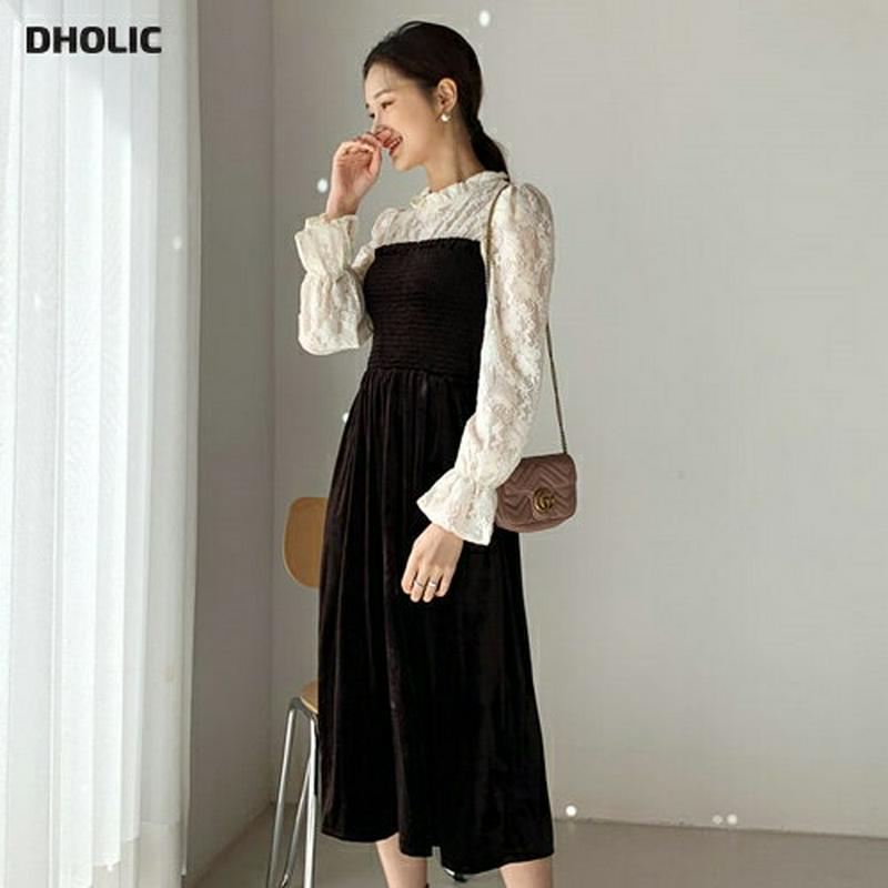 ベロアレースワンピース・全2色・t64358 レディース【ops】【韓国 ファッション ワンピース ロングワンピース ベロア 花