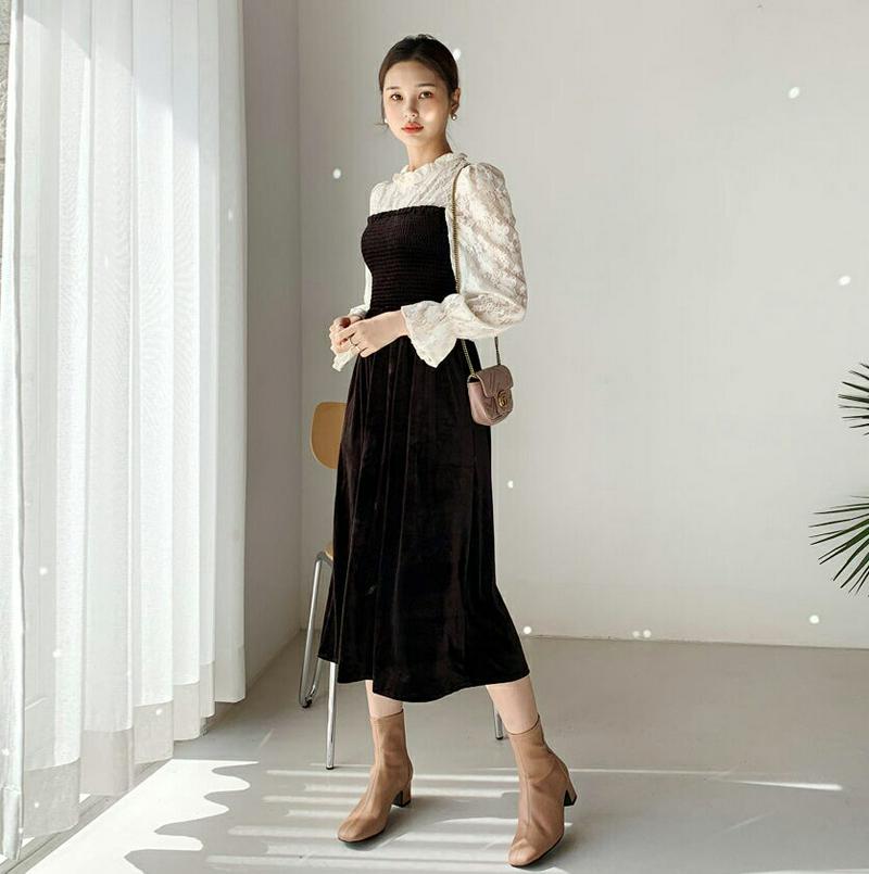 ベロアレースワンピース・全2色・t64358 レディース【ops】【韓国 ファッション ワンピース ロングワンピース ベロア 花