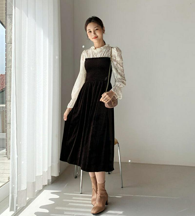 ベロアレースワンピース・全2色・t64358 レディース【ops】【韓国 ファッション ワンピース ロングワンピース ベロア 花