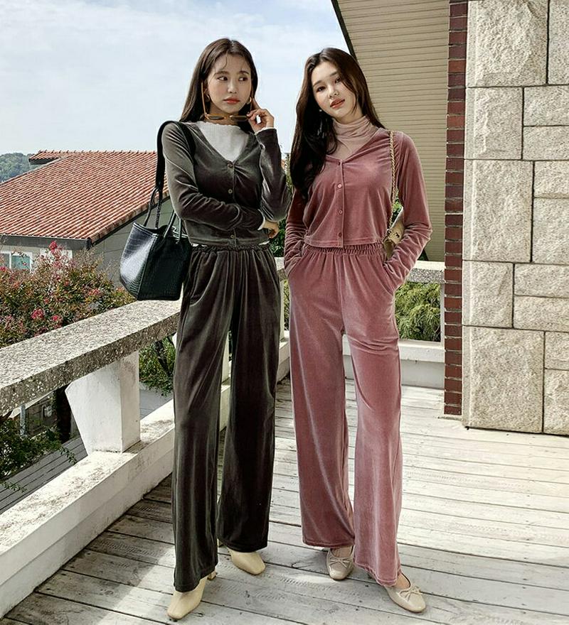 ベロアカーディガン&パンツSET・全3色・64336 レディース【pt】【韓国 ファッション セットアップ setup カーディ