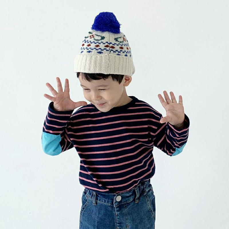 配色パッチボーダーTシャツ・u07029 キッズ 【3~8才】【tops】【韓国 ファッション トップス Tシャツ カットソー 